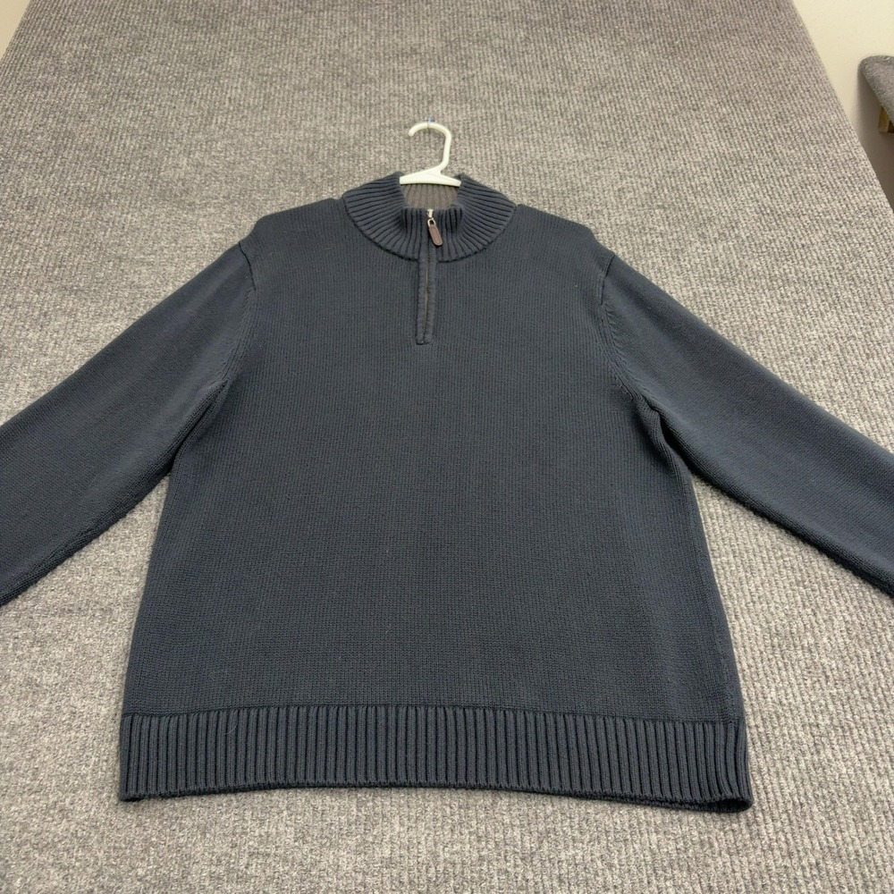 LL Bean Sweater Mens M Navy Blue Cotton Quarter Zip Mock Neck Classic Outdoor